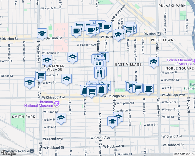 map of restaurants, bars, coffee shops, grocery stores, and more near 2022 West Iowa Street in Chicago
