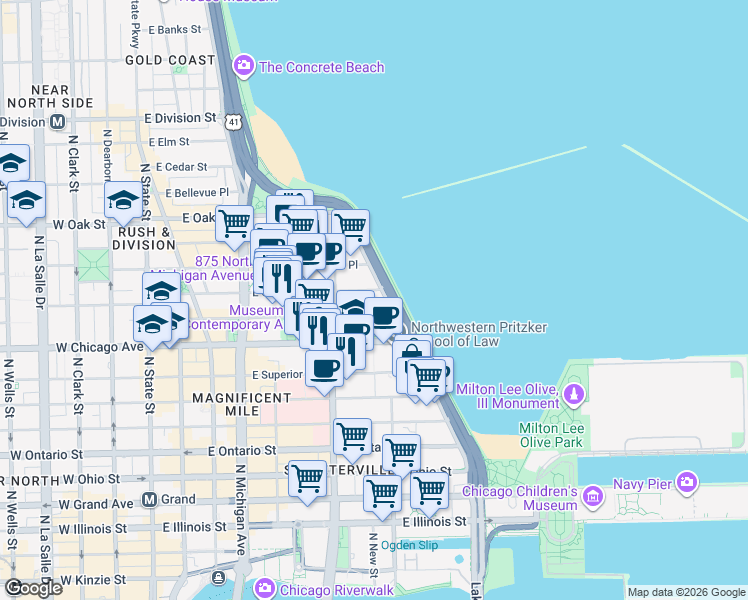 map of restaurants, bars, coffee shops, grocery stores, and more near 850 North Lake Shore Drive in Chicago