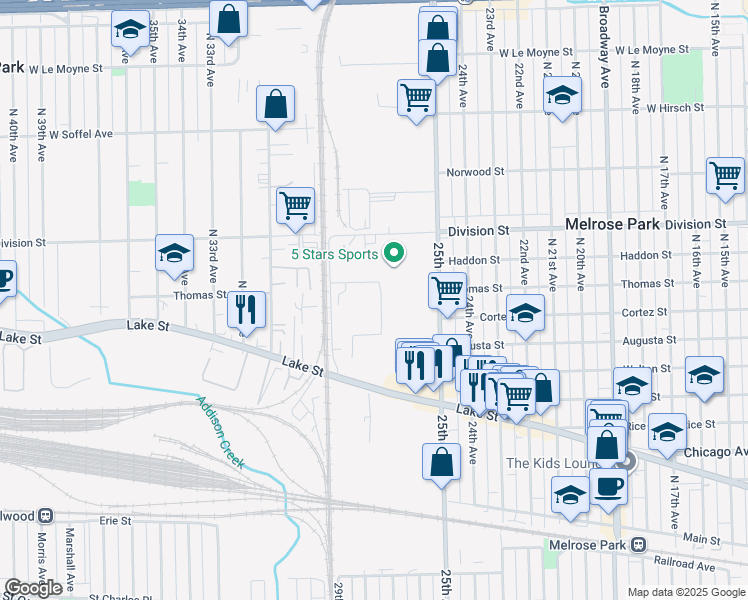 map of restaurants, bars, coffee shops, grocery stores, and more near 1125 North 27th Avenue in Melrose Park