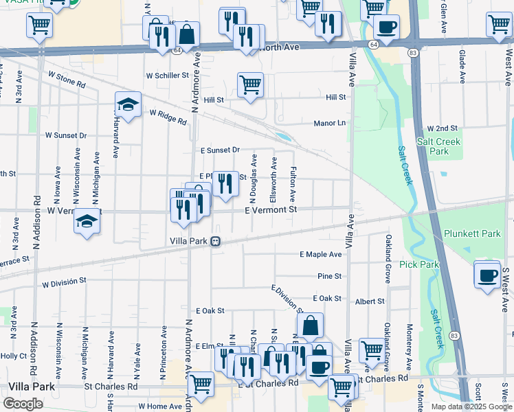 map of restaurants, bars, coffee shops, grocery stores, and more near 425 North Douglas Avenue in Villa Park