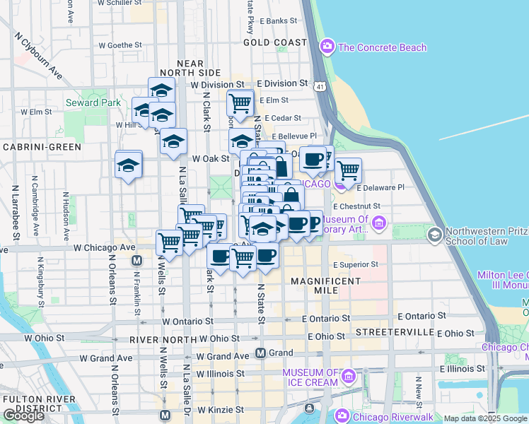 map of restaurants, bars, coffee shops, grocery stores, and more near 845 North State Street in Chicago