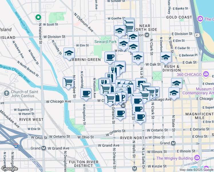 map of restaurants, bars, coffee shops, grocery stores, and more near 361 West Chestnut Street in Chicago