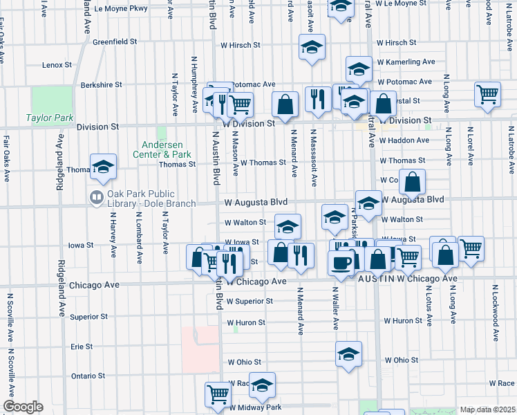 map of restaurants, bars, coffee shops, grocery stores, and more near 950 North Mayfield Avenue in Chicago