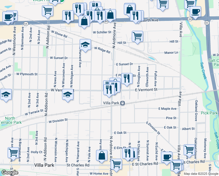 map of restaurants, bars, coffee shops, grocery stores, and more near 434 North Ardmore Avenue in Villa Park
