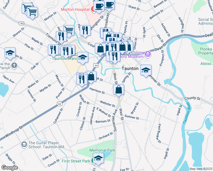 map of restaurants, bars, coffee shops, grocery stores, and more near 145 High Street in Taunton
