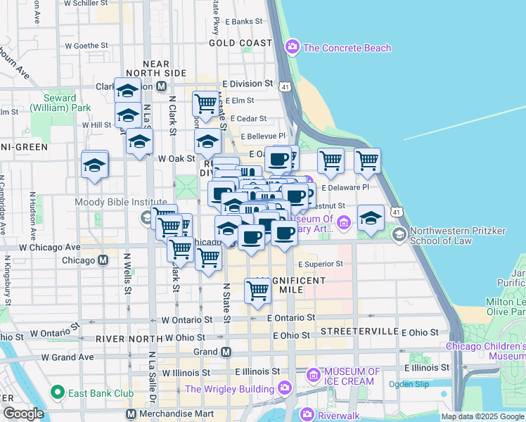 map of restaurants, bars, coffee shops, grocery stores, and more near 103 East Chestnut Street in Chicago
