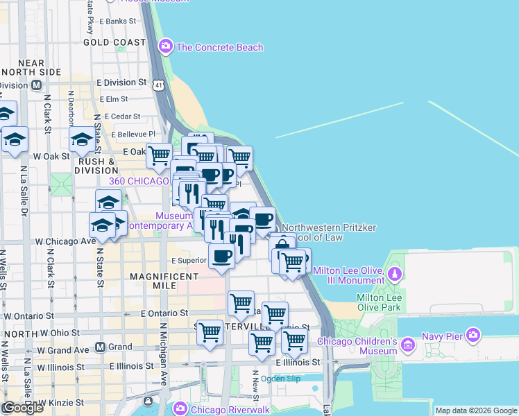 map of restaurants, bars, coffee shops, grocery stores, and more near 850 North Lake Shore Drive in Chicago