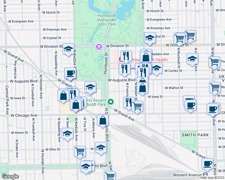 map of restaurants, bars, coffee shops, grocery stores, and more near 901 North Sacramento Boulevard in Chicago