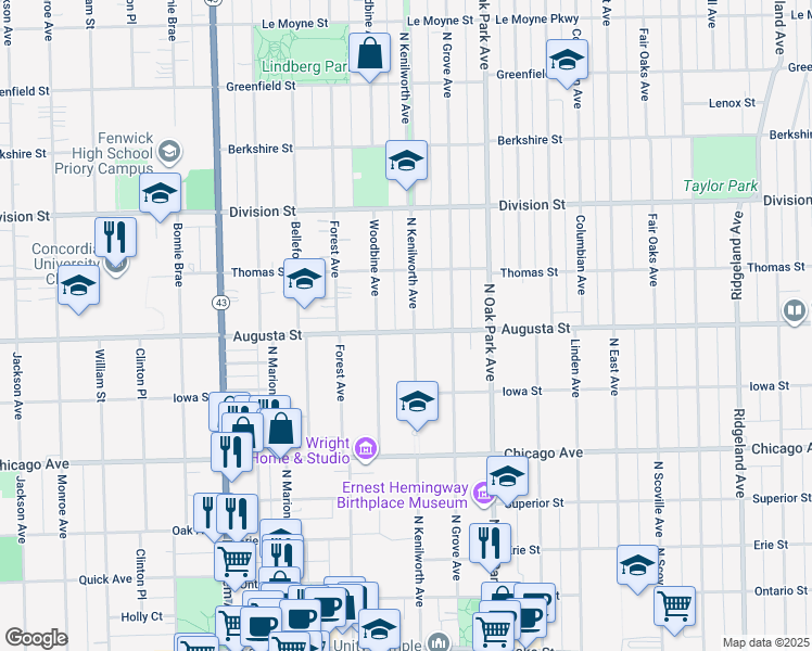 map of restaurants, bars, coffee shops, grocery stores, and more near 701 North Kenilworth Avenue in Oak Park