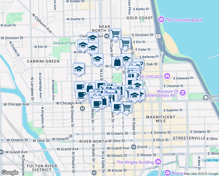 map of restaurants, bars, coffee shops, grocery stores, and more near 100 West Chestnut Street in Chicago