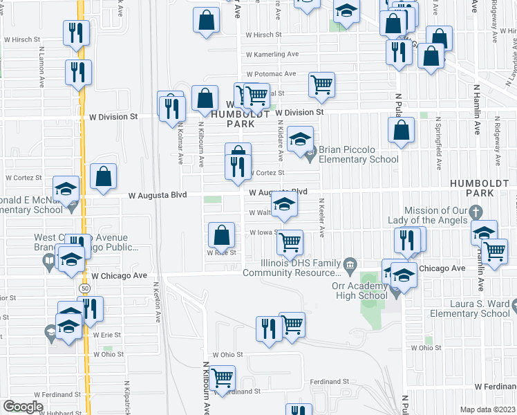 map of restaurants, bars, coffee shops, grocery stores, and more near 4332 West Walton Street in Chicago