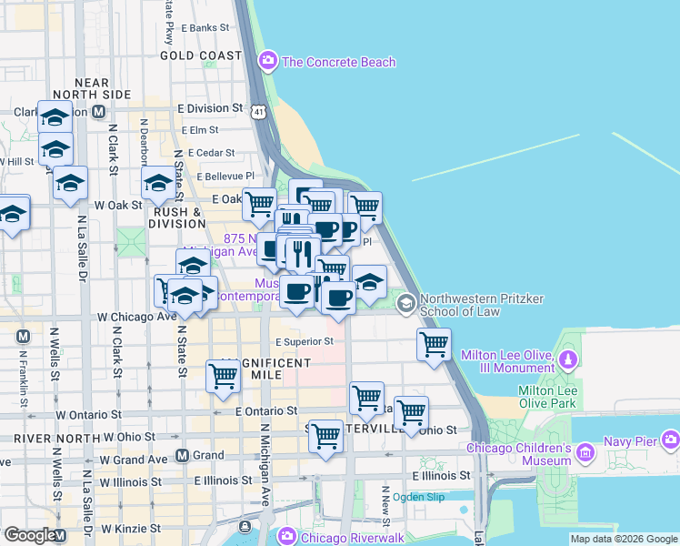 map of restaurants, bars, coffee shops, grocery stores, and more near 222 East Pearson Street in Chicago
