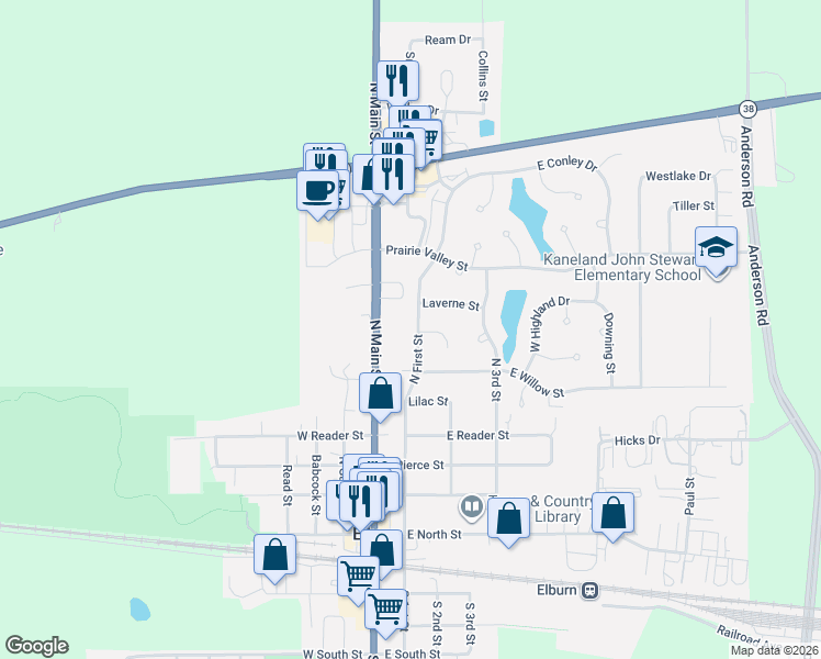 map of restaurants, bars, coffee shops, grocery stores, and more near 704 N 1st St in Elburn