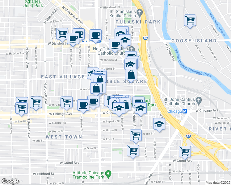 map of restaurants, bars, coffee shops, grocery stores, and more near 1454 West Chestnut Street in Chicago
