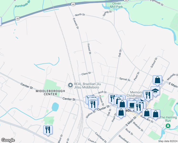 map of restaurants, bars, coffee shops, grocery stores, and more near 72 Everett Street in Middleborough