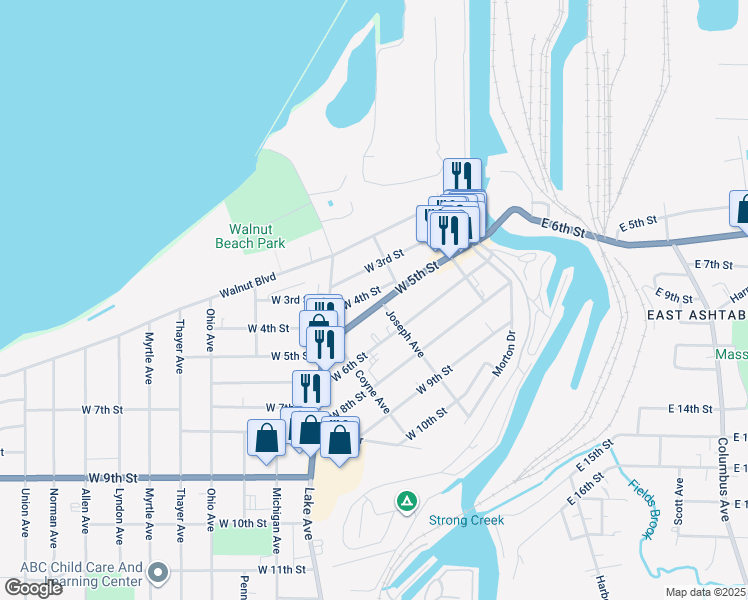 map of restaurants, bars, coffee shops, grocery stores, and more near 1326 West 5th Street in Ashtabula