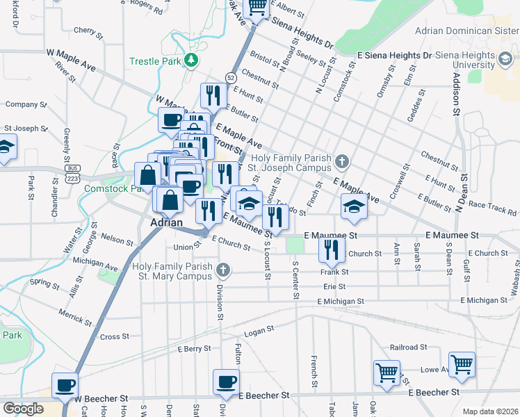 map of restaurants, bars, coffee shops, grocery stores, and more near 131 North Locust Street in Adrian