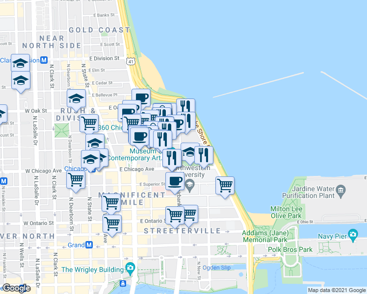 map of restaurants, bars, coffee shops, grocery stores, and more near 250 East Pearson Street in Chicago