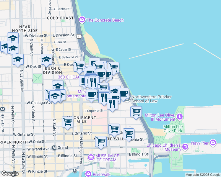 map of restaurants, bars, coffee shops, grocery stores, and more near 250 East Pearson Street in Chicago
