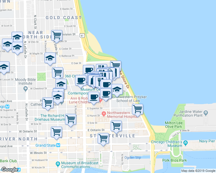 map of restaurants, bars, coffee shops, grocery stores, and more near 860 North Dewitt Place in Chicago