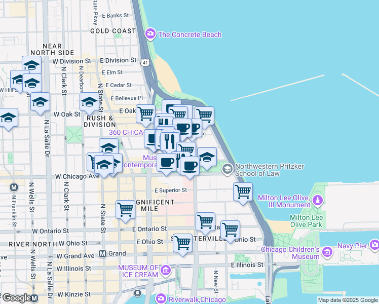 map of restaurants, bars, coffee shops, grocery stores, and more near 222 East Pearson Street in Chicago