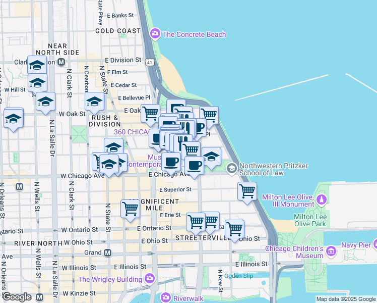 map of restaurants, bars, coffee shops, grocery stores, and more near 222 East Pearson Street in Chicago