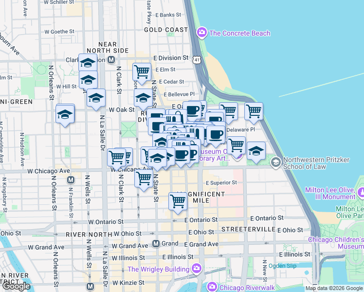 map of restaurants, bars, coffee shops, grocery stores, and more near 835 North Rush Street in Chicago
