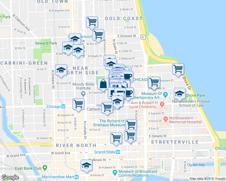 map of restaurants, bars, coffee shops, grocery stores, and more near 844 North State Street in Chicago