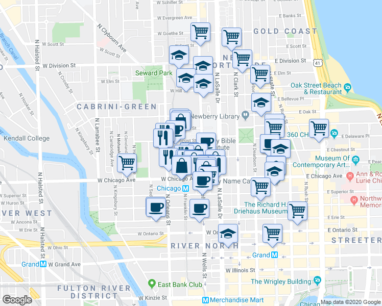map of restaurants, bars, coffee shops, grocery stores, and more near 820 North Wells Street in Chicago