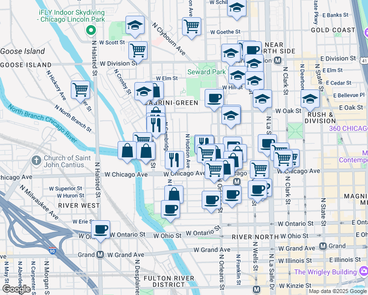map of restaurants, bars, coffee shops, grocery stores, and more near 851 North Cleveland Avenue in Chicago