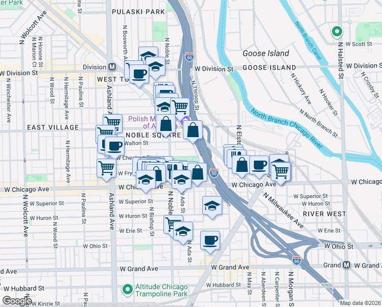 map of restaurants, bars, coffee shops, grocery stores, and more near 1302 West Chestnut Street in Chicago