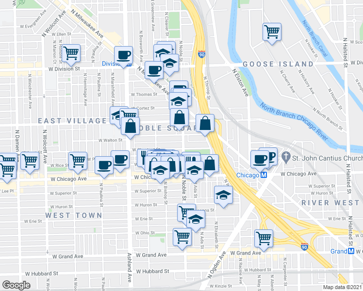 map of restaurants, bars, coffee shops, grocery stores, and more near 1410 West Chestnut Street in Chicago