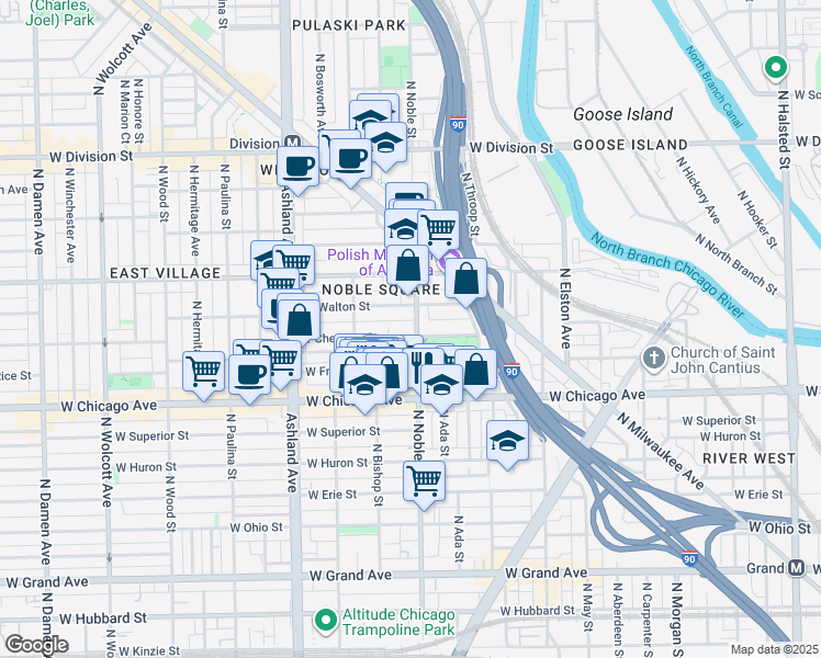 map of restaurants, bars, coffee shops, grocery stores, and more near 1410 West Chestnut Street in Chicago