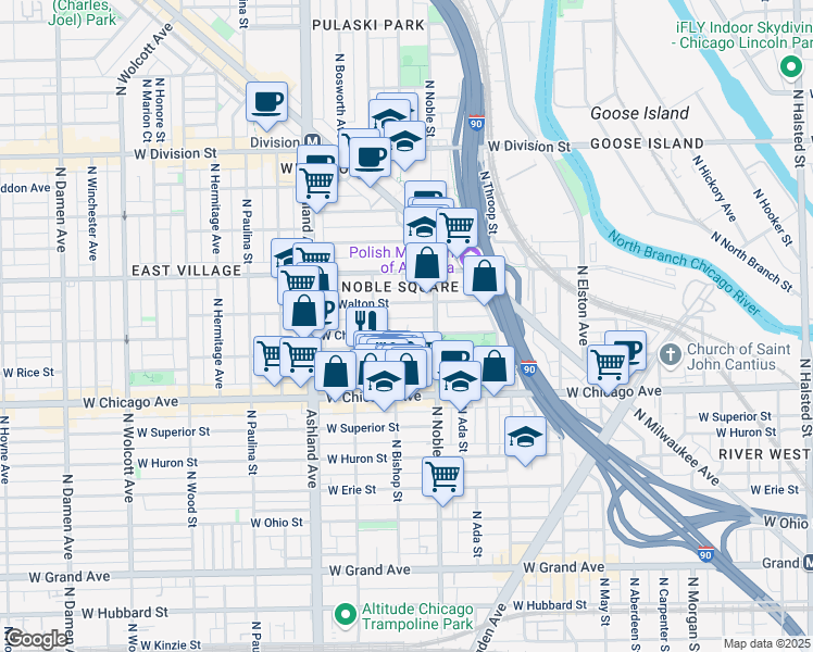 map of restaurants, bars, coffee shops, grocery stores, and more near 1410 West Chestnut Street in Chicago