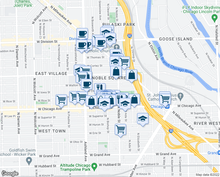 map of restaurants, bars, coffee shops, grocery stores, and more near 1410 West Chestnut Street in Chicago
