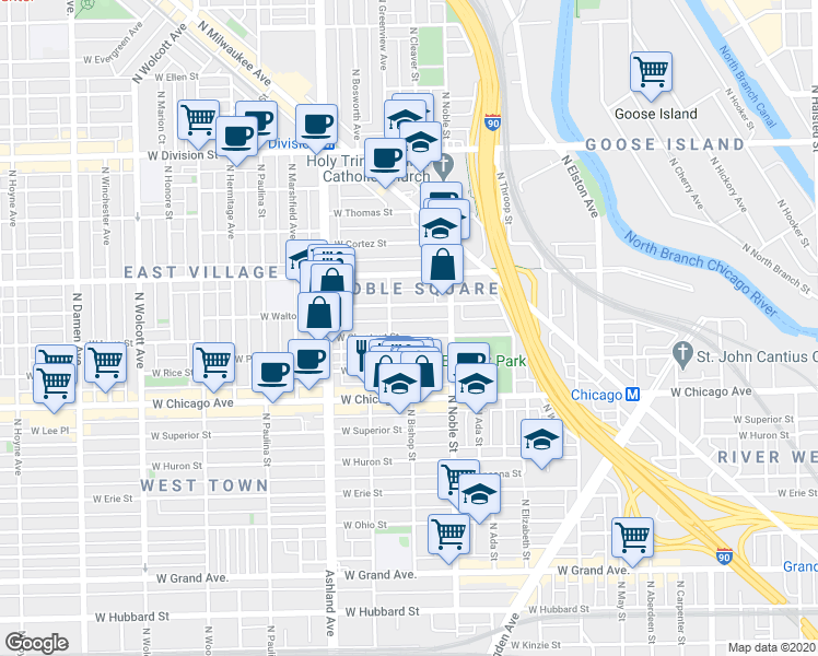 map of restaurants, bars, coffee shops, grocery stores, and more near 1454 West Chestnut Street in Chicago