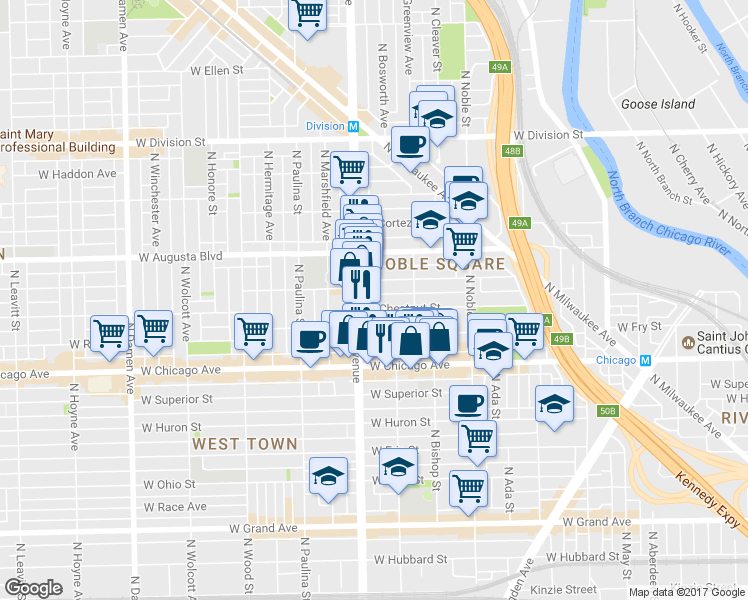 map of restaurants, bars, coffee shops, grocery stores, and more near 1530 West Chestnut Street in Chicago