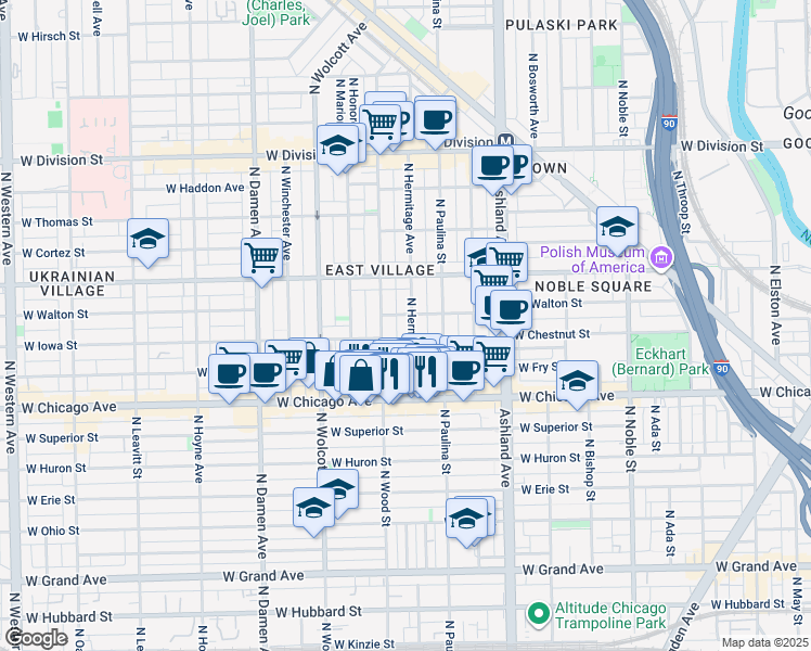 map of restaurants, bars, coffee shops, grocery stores, and more near 903 North Wood Street in Chicago