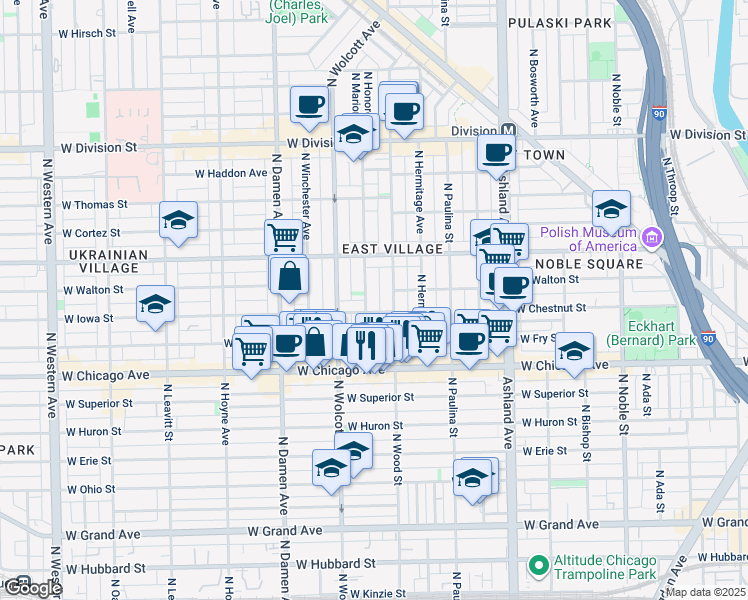 map of restaurants, bars, coffee shops, grocery stores, and more near 1834 West Iowa Street in Chicago