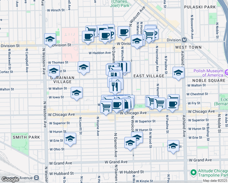 map of restaurants, bars, coffee shops, grocery stores, and more near 1955 West Iowa Street in Chicago
