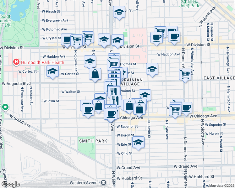 map of restaurants, bars, coffee shops, grocery stores, and more near 2324 West Iowa Street in Chicago