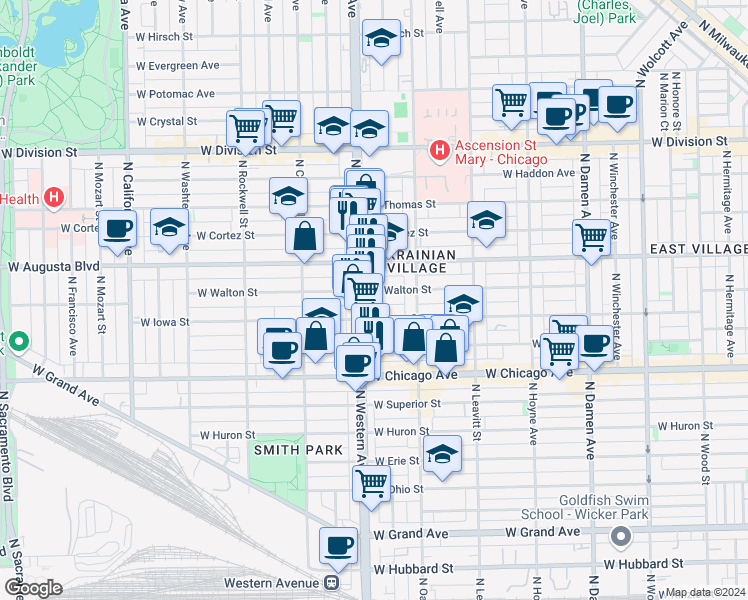map of restaurants, bars, coffee shops, grocery stores, and more near 910 North Western Avenue in Chicago