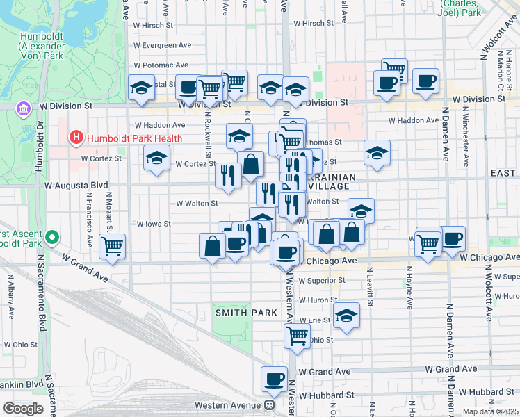 map of restaurants, bars, coffee shops, grocery stores, and more near 2440 West Iowa Street in Chicago