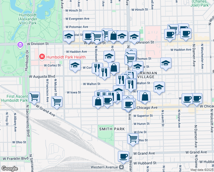 map of restaurants, bars, coffee shops, grocery stores, and more near 2516 West Iowa Street in Chicago
