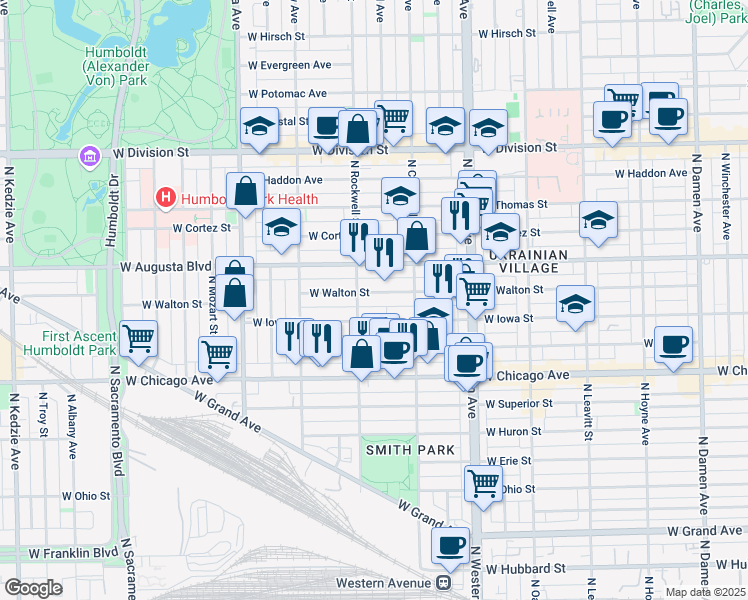 map of restaurants, bars, coffee shops, grocery stores, and more near 917 North Rockwell Street in Chicago