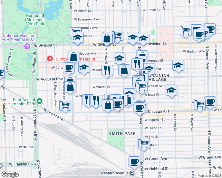 map of restaurants, bars, coffee shops, grocery stores, and more near 917 North Rockwell Street in Chicago