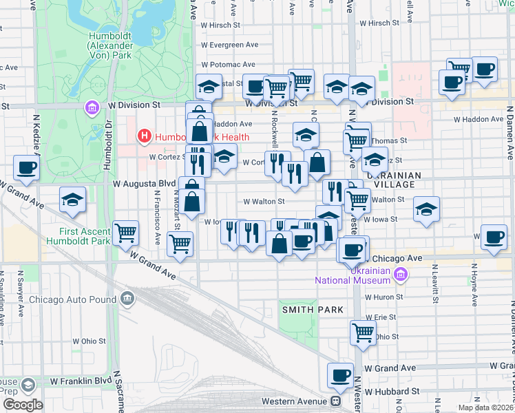 map of restaurants, bars, coffee shops, grocery stores, and more near 2627 West Walton Street in Chicago