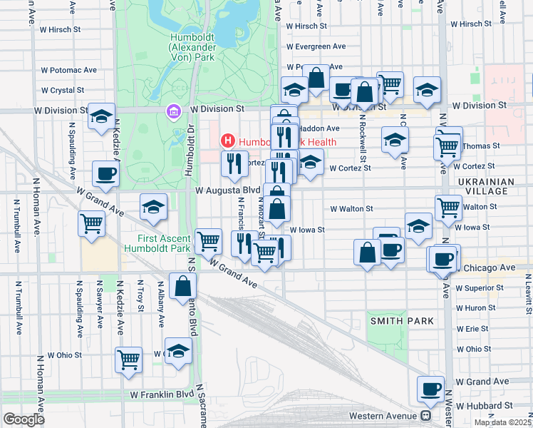 map of restaurants, bars, coffee shops, grocery stores, and more near 879 North Mozart Street in Chicago