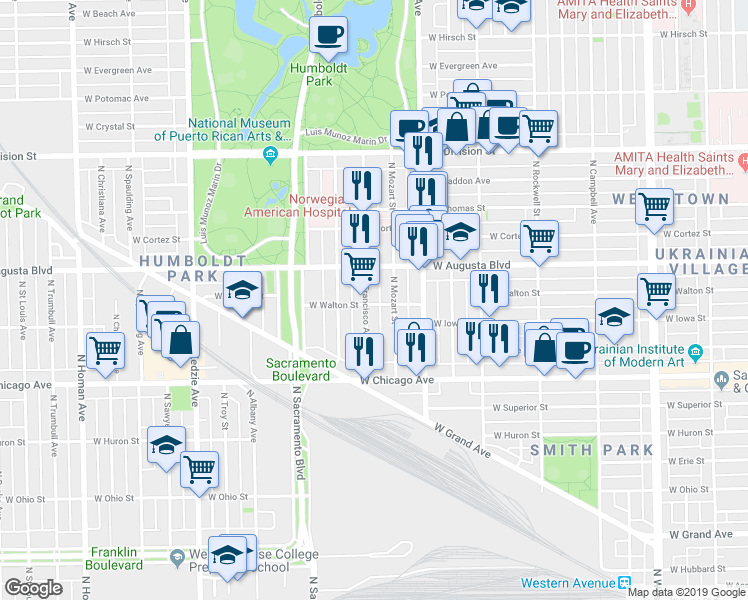 map of restaurants, bars, coffee shops, grocery stores, and more near 2851 West Walton Street in Chicago