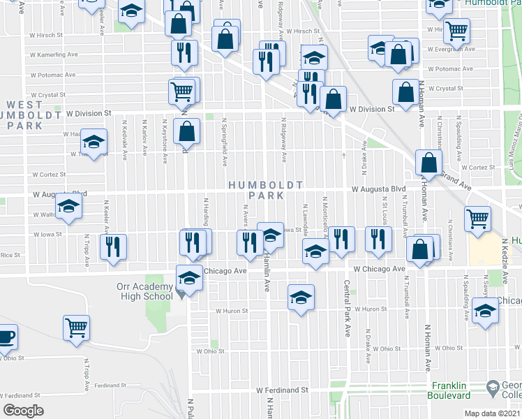 map of restaurants, bars, coffee shops, grocery stores, and more near 924 North Hamlin Avenue in Chicago